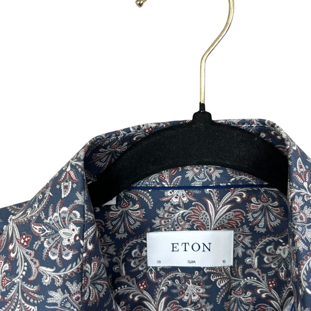 ETON Mens Floral Paisley Dress Shirt Slim Fit Button Up Long Sleeves Navy Sz 38* - Picture 3 of 6